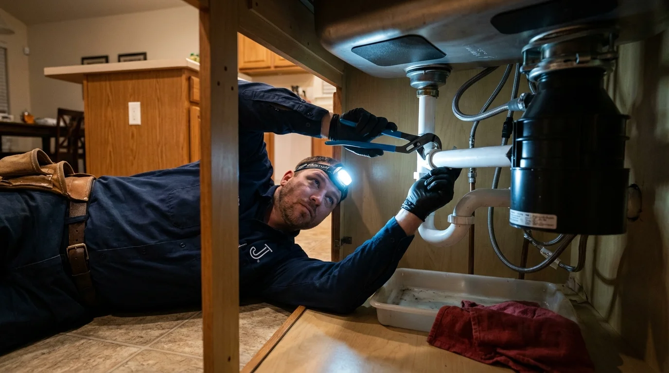 P-trap and supply line connections under a kitchen sink showing a common leak point in Penngrove, CA